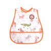 A pink baby feeding bib featuring various animal illustrations like a lion, giraffe, and zebra.
