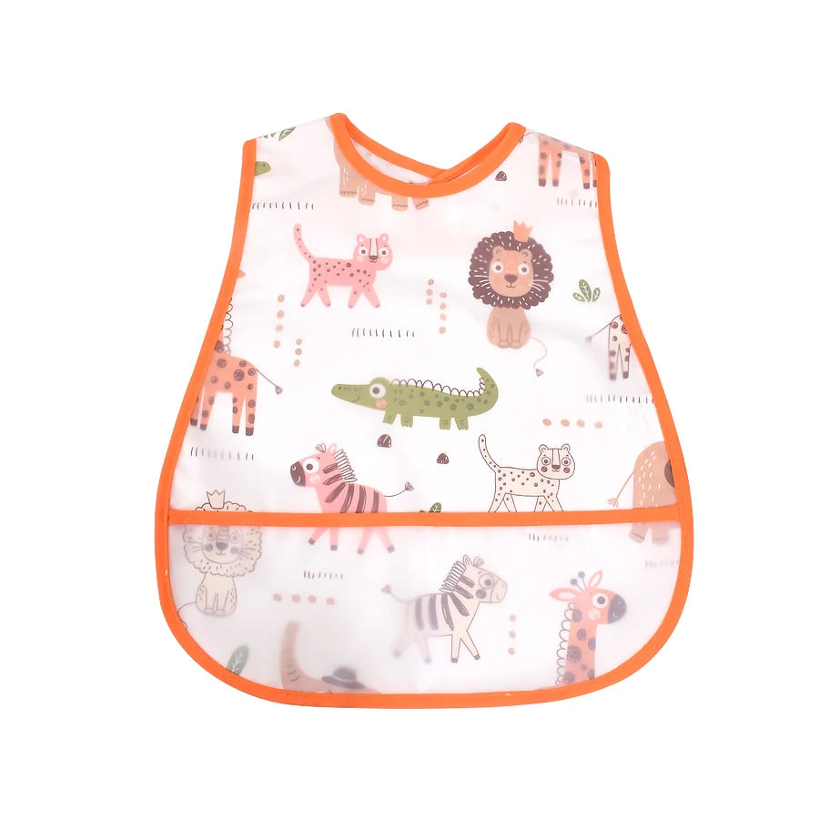 A pink baby feeding bib featuring various animal illustrations like a lion, giraffe, and zebra.