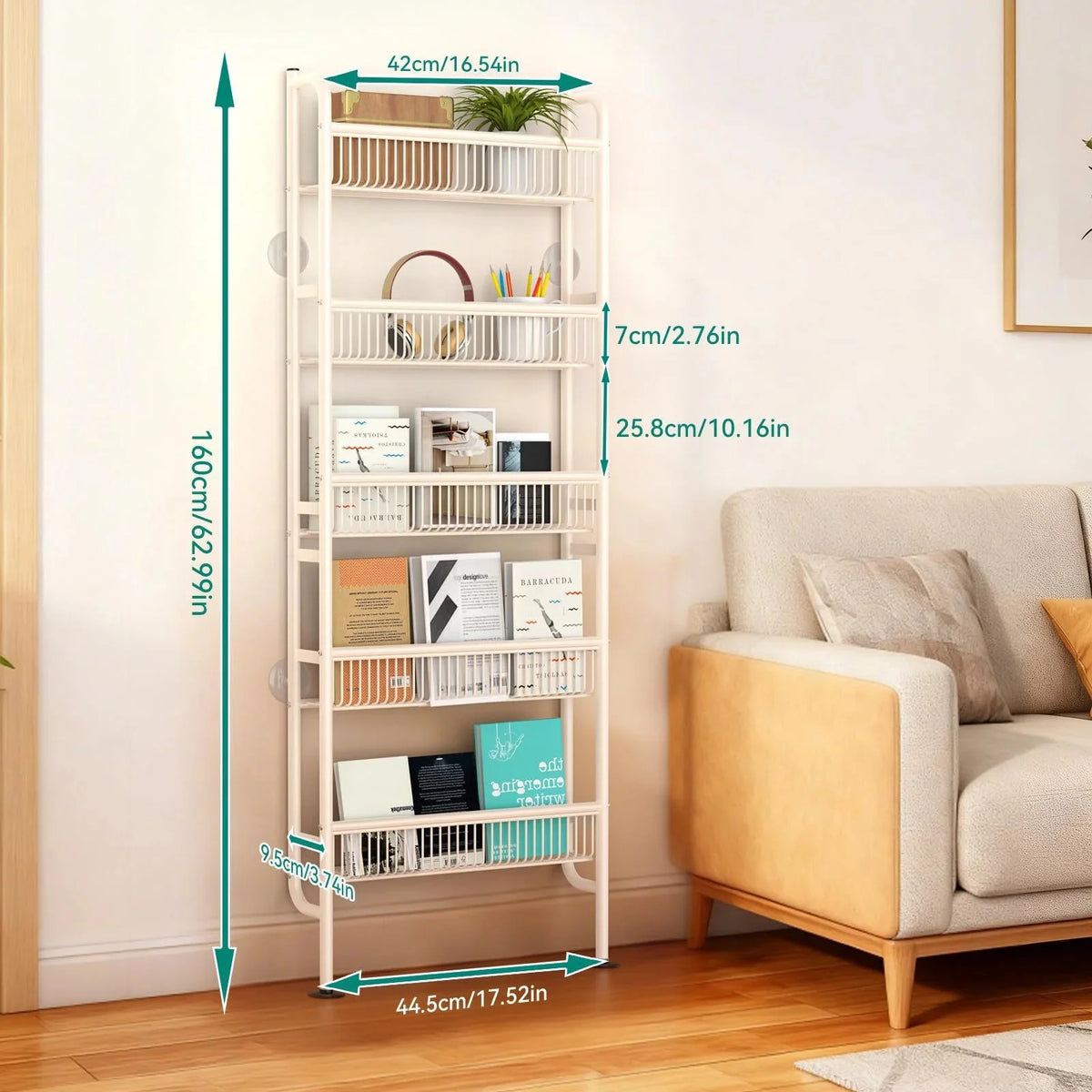 A tall, white slim behind-door storage rack with multiple tiers of open shelving is shown next to a sofa.