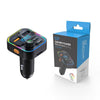 A black car audio device with an orange and green display and controls is shown next to its blue packaging box.