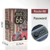 A hidden book safe with a combination lock featuring a Route 66 themed box and a keypad.