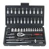 A black case containing a 46-piece auto repair tool set with various wrenches and sockets.