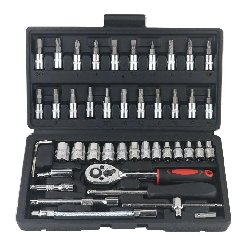 A black case containing a 46-piece auto repair tool set with various wrenches and sockets.
