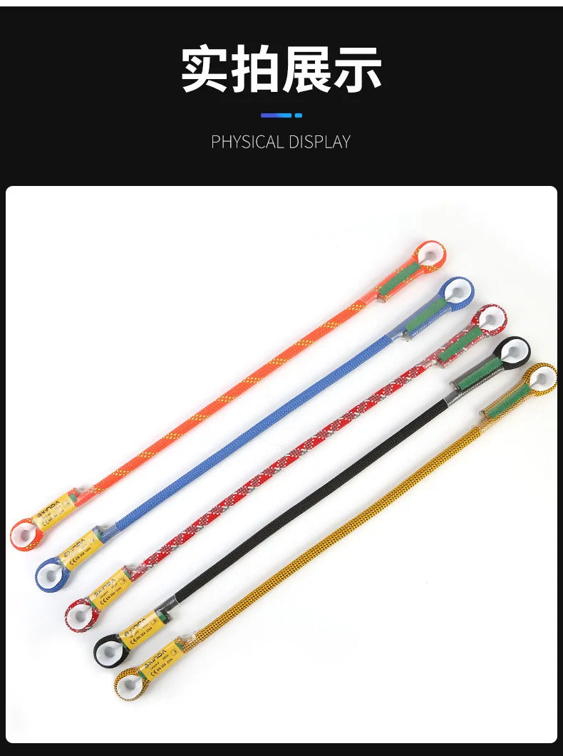 Physical display of various pre-sewn nylon cord loop slings for climbing and rescue.