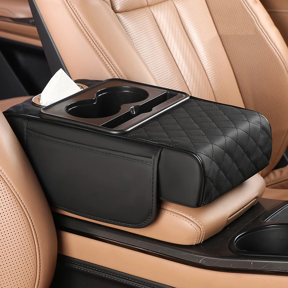 Multifunctional Car Armrest Cushion with Storage and Cup Holder