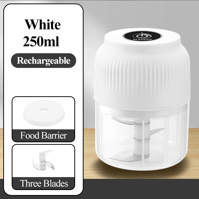 White rechargeable blender jar with a food barrier and three blades shown on a wooden surface.