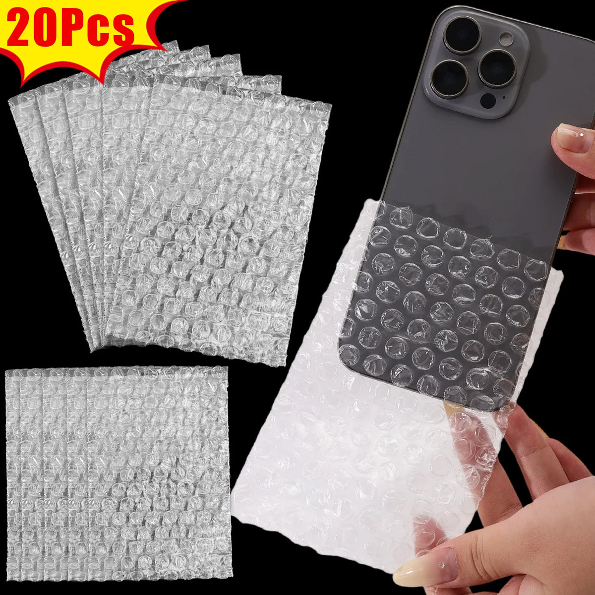 Clear bubble mailers with cushioned protection shown next to a smartphone.