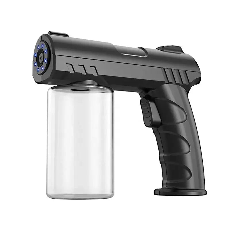 A black rechargeable electric spray bottle with a clear tank and a textured grip.