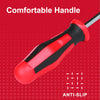 Close-up of a red and black handle for a tool, labeled as having a comfortable anti-slip grip.