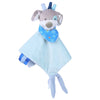 A gray elephant plush toy with a blue patterned collar and a light blue blanket.