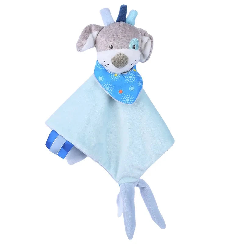 A gray elephant plush toy with a blue patterned collar and a light blue blanket.