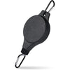 A black adjustable hanging plant pulley with metal hooks for lifting flower pots and baskets.
