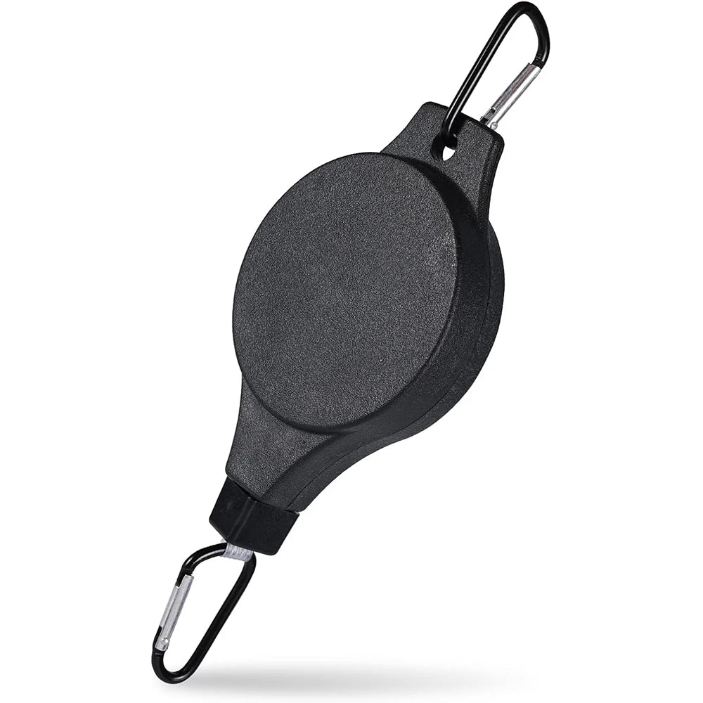 A black adjustable hanging plant pulley with metal hooks for lifting flower pots and baskets.