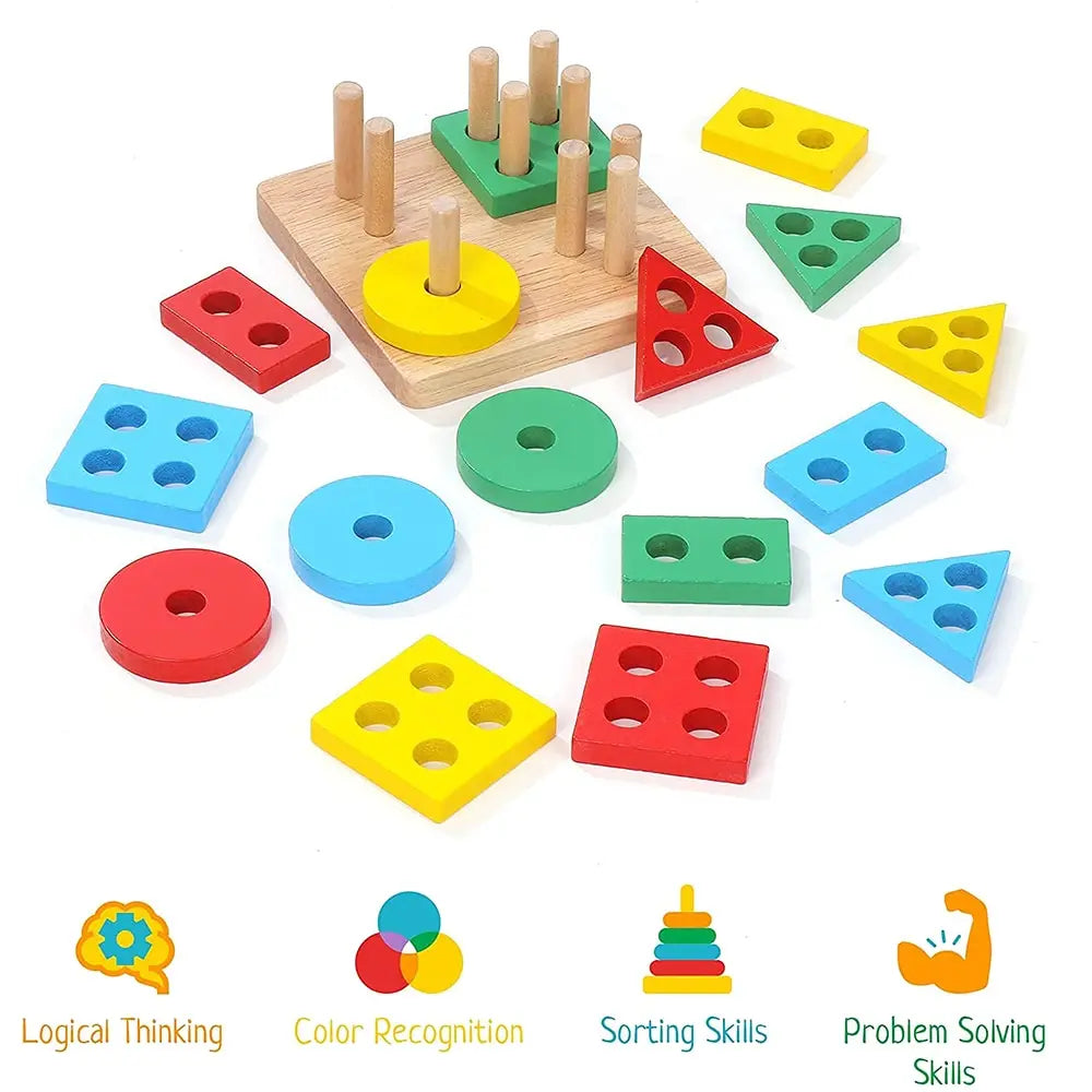 A set of wooden sorting and stacking toys featuring various colored blocks and cylinders for toddlers.