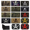 A collection of embroidered skull pirate hook and loop patches in various camouflage and dark colors.
