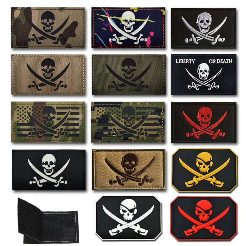 A collection of embroidered skull pirate hook and loop patches in various camouflage and dark colors.