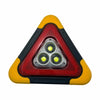 A triangular warning light with three LED flashlights housed in a yellow and black casing.