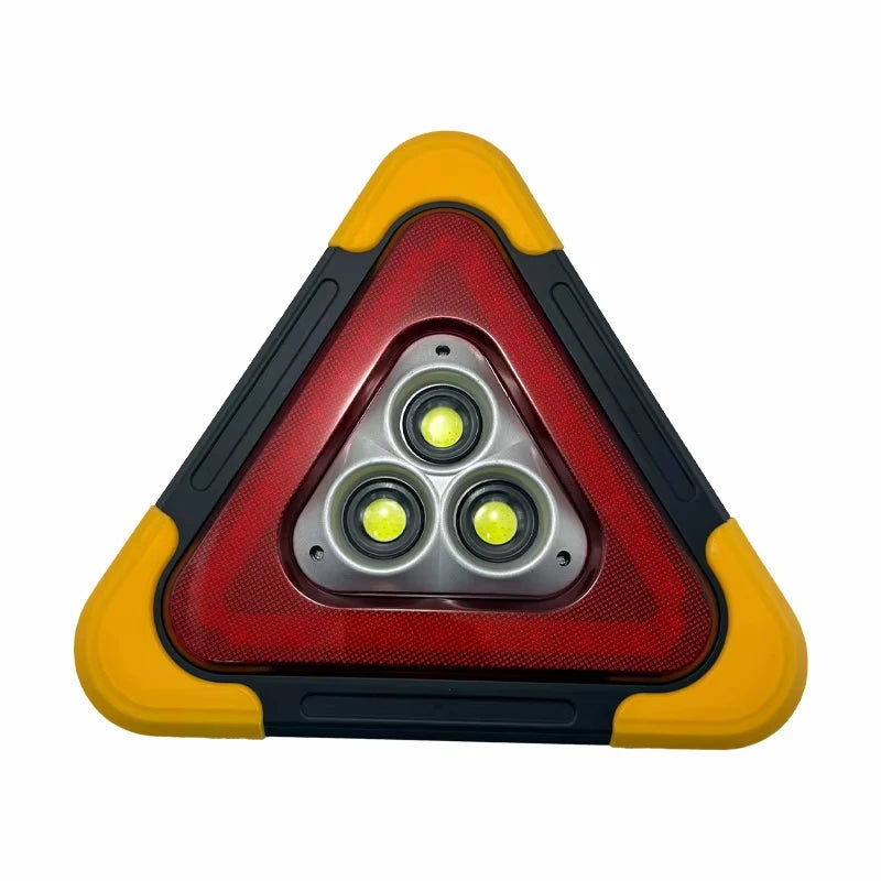 A triangular warning light with three LED flashlights housed in a yellow and black casing.