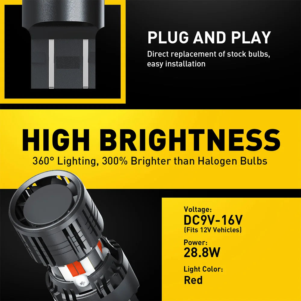 Red LED Brake and Tail Light Bulbs with Dual Brightness Modes