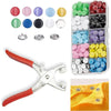 A set of 50 snap fasteners and hand press pliers with various colored components for crafting or sewing.