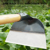 A black and silver saw blade steel garden hoe is shown against a blurred green background.