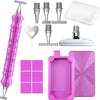A set of diamond painting pens with steel tips, a clear tray, and a pink painting surface.