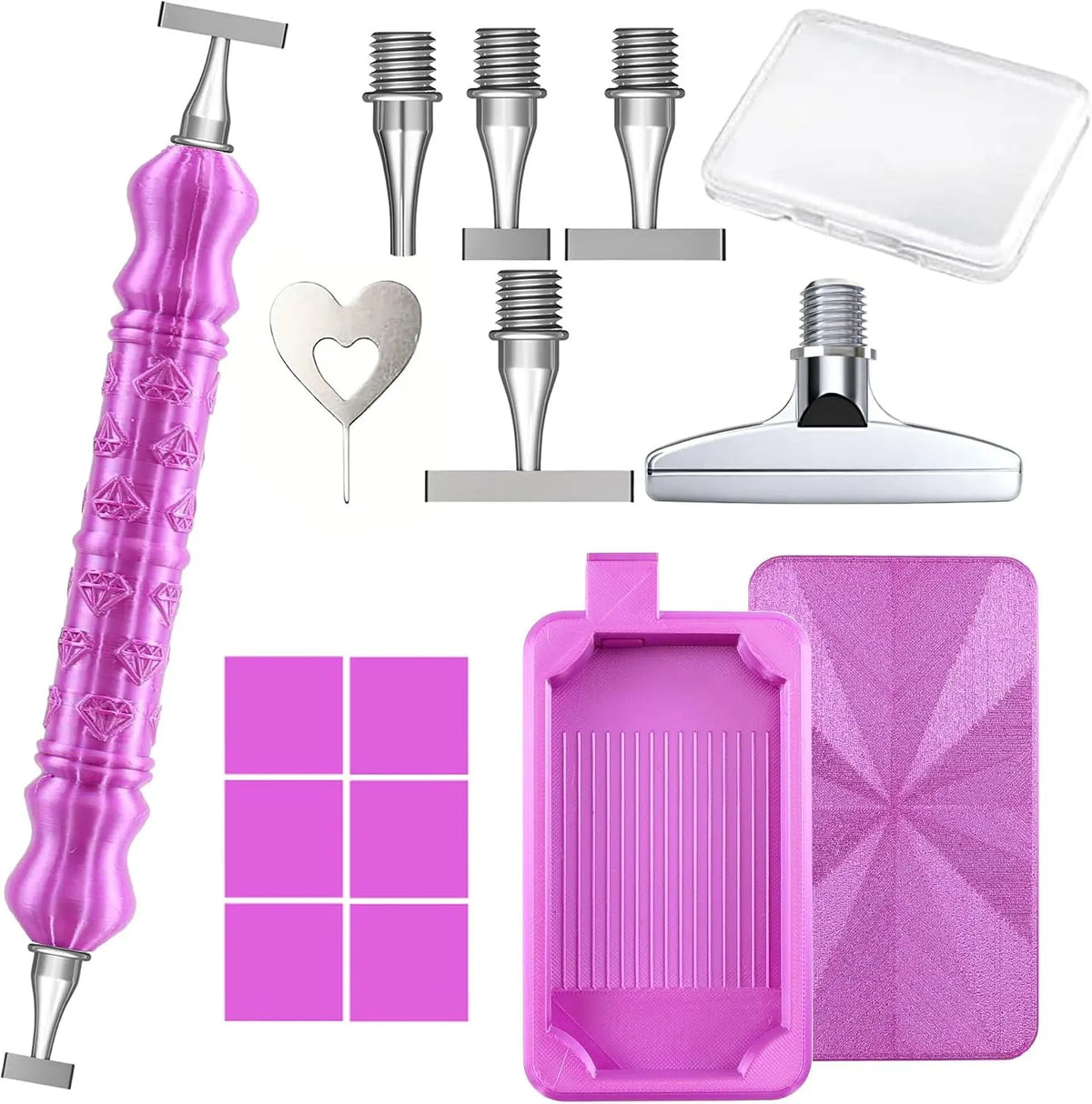 A set of diamond painting pens with steel tips, a clear tray, and a pink painting surface.