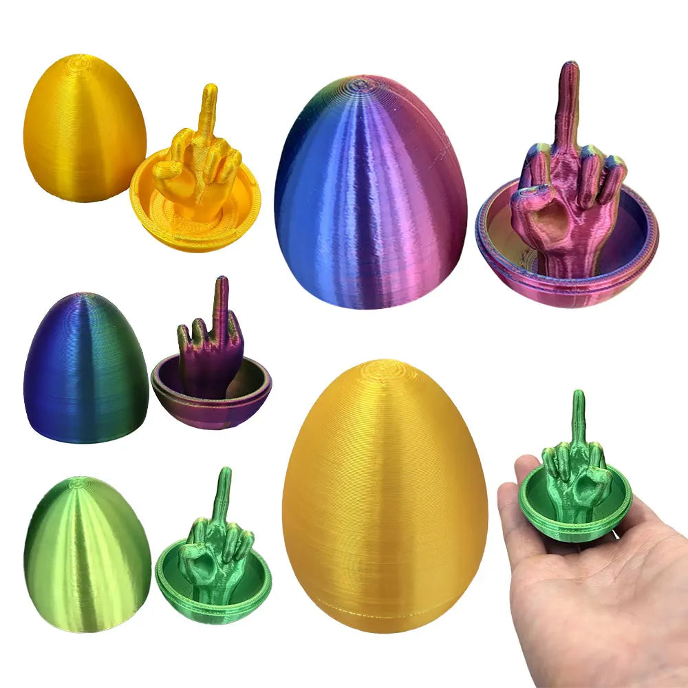 A collection of colorful Easter egg desk decor featuring various hand gestures and colors like yellow, purple, green, and pin