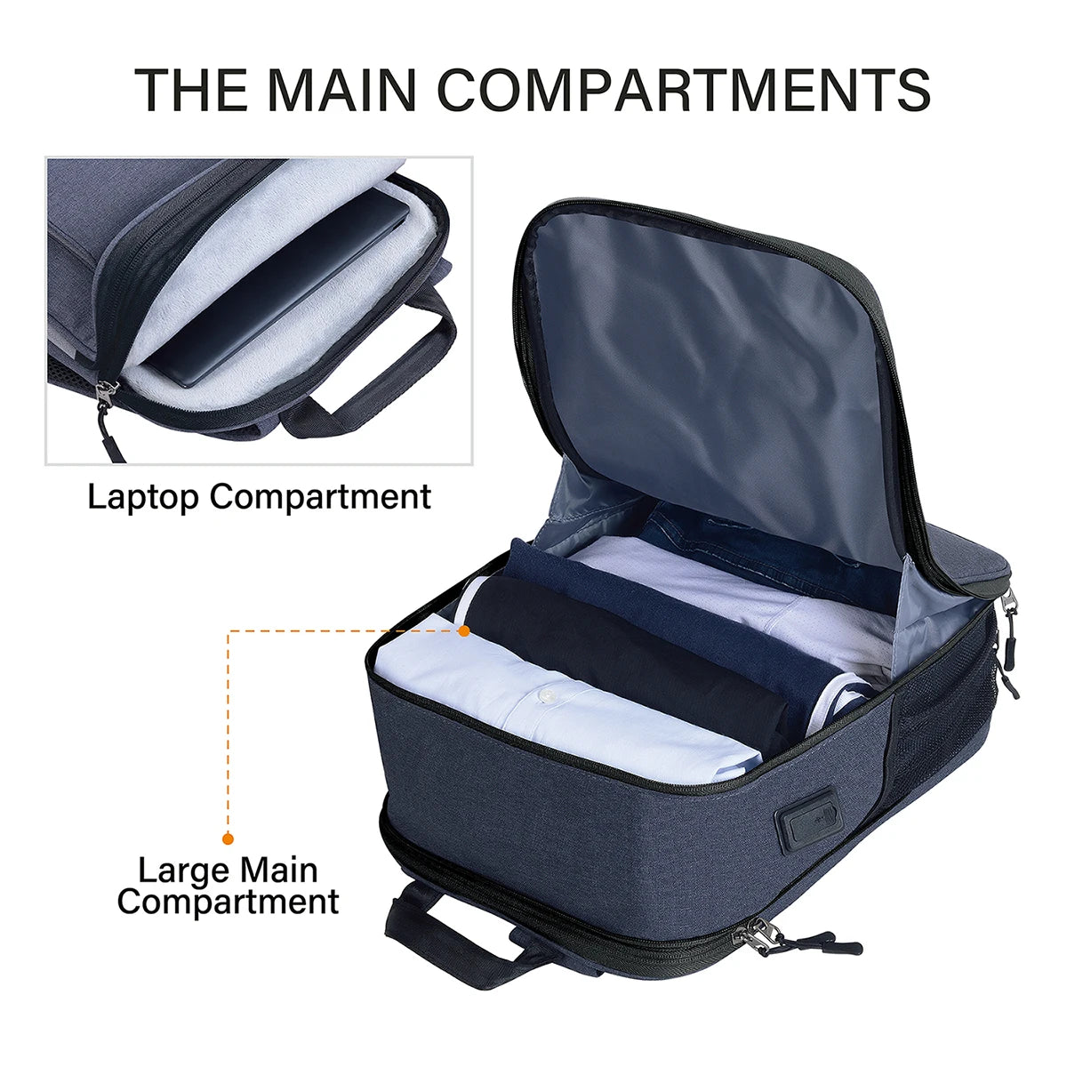 An open navy blue laptop backpack showing compartments including a laptop compartment and a large main compartment.