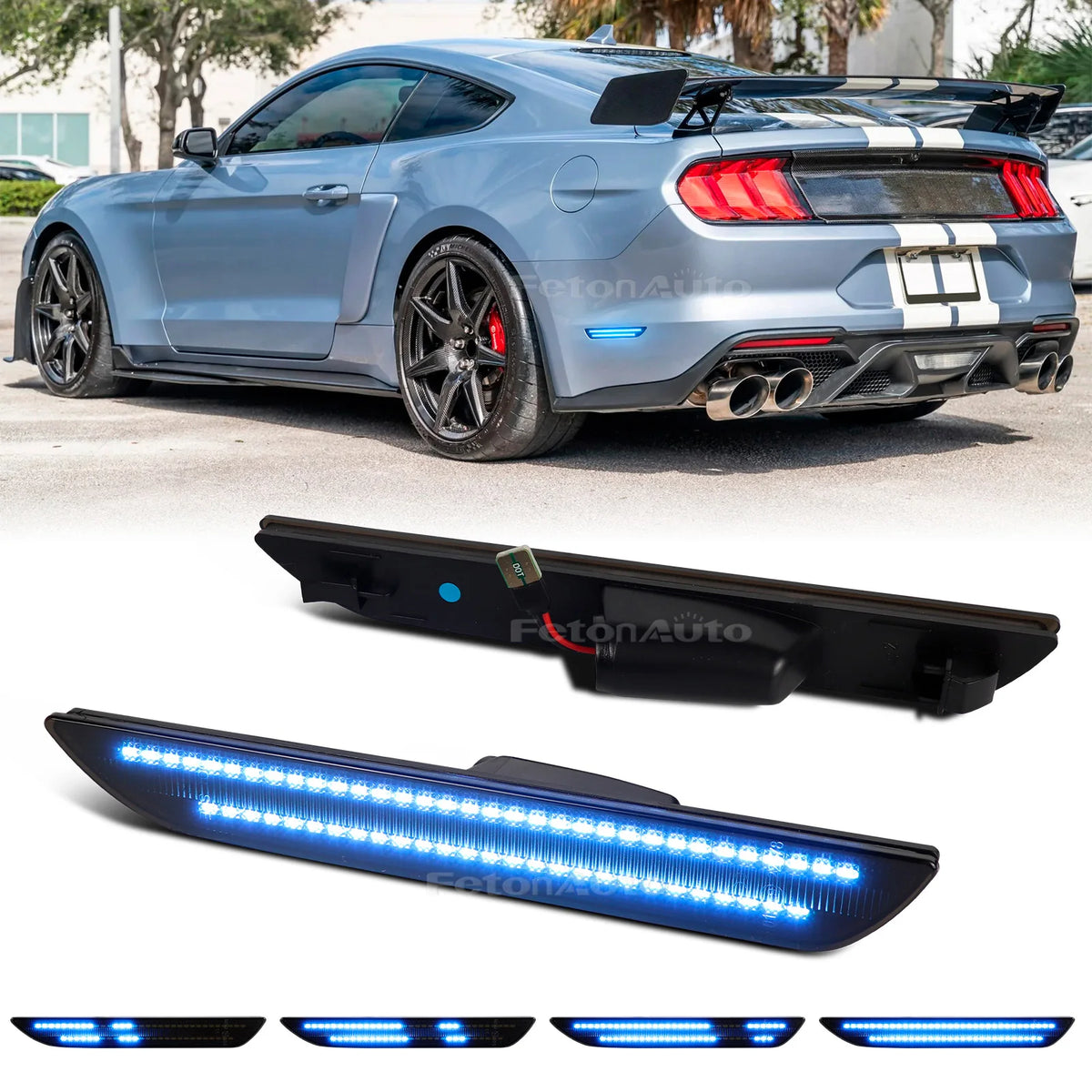 Dynamic LED side marker lights for Ford Mustang 2015-2023 featuring a black mounting bracket and blue LED strip.