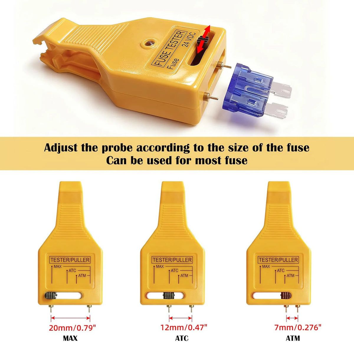 Yellow automotive fuse tester and puller tool showing different sizes for fuses