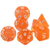 A set of seven transparent orange polyhedral dice used for tabletop role-playing games
