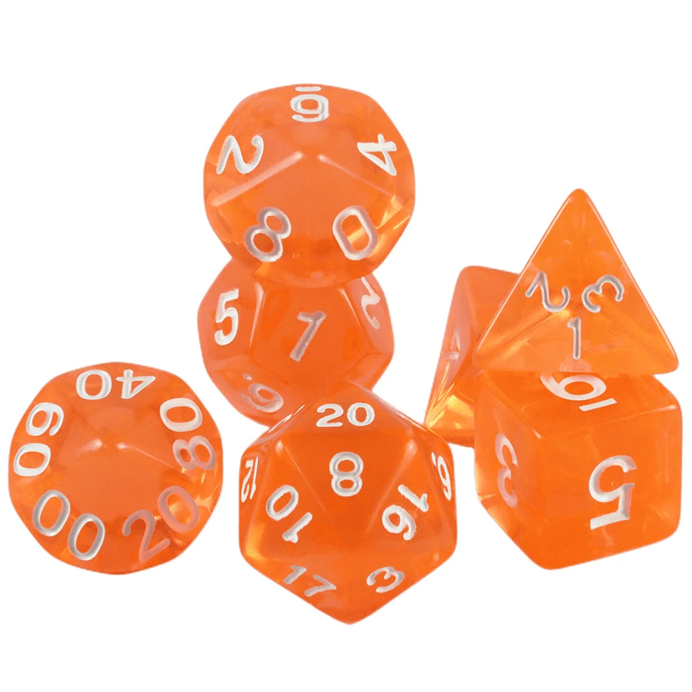 A set of seven transparent orange polyhedral dice used for tabletop role-playing games