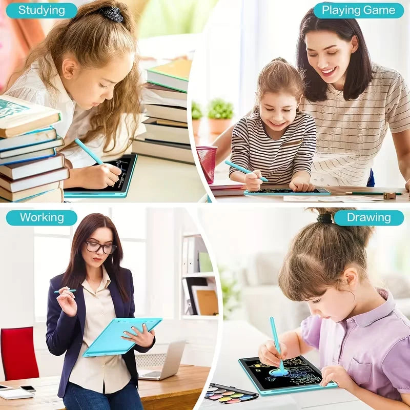 A collection of images showing children and adults using a portable LCD drawing tablet for various educational activities.