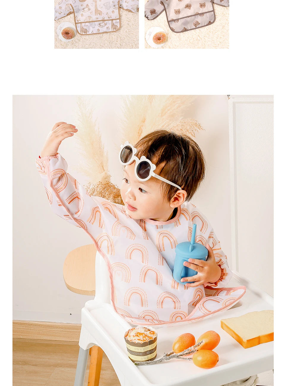 Waterproof Long-Sleeve Baby Bibs with Catch-All Pockets
