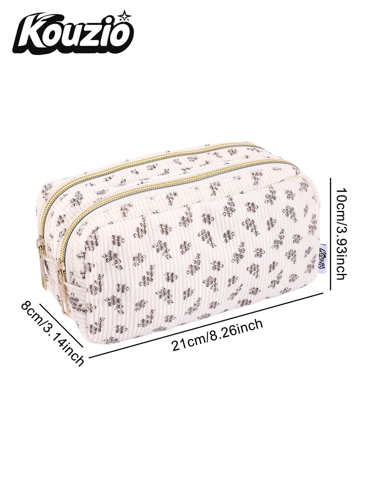 A beige pencil case with a leopard print pattern and a gold zipper, shown flat.