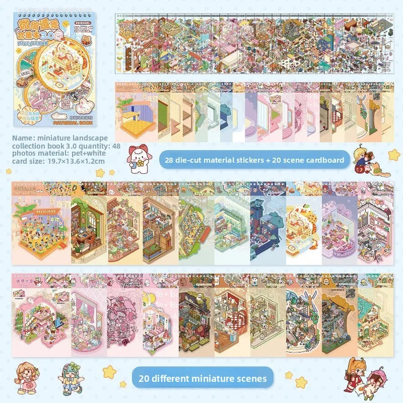 A collection of 48 miniature landscape stickers and 20 scene cardboard cards for scrapbooking and journaling.