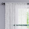 White vintage floral lace curtain panel with a dog pocket design hanging on a rod.