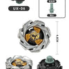 Metal spinning top battle toy featuring a silver and black design with a launcher and spinning mechanism.