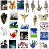 A collection of cartoon and surreal art stickers featuring various characters, objects, and abstract designs.