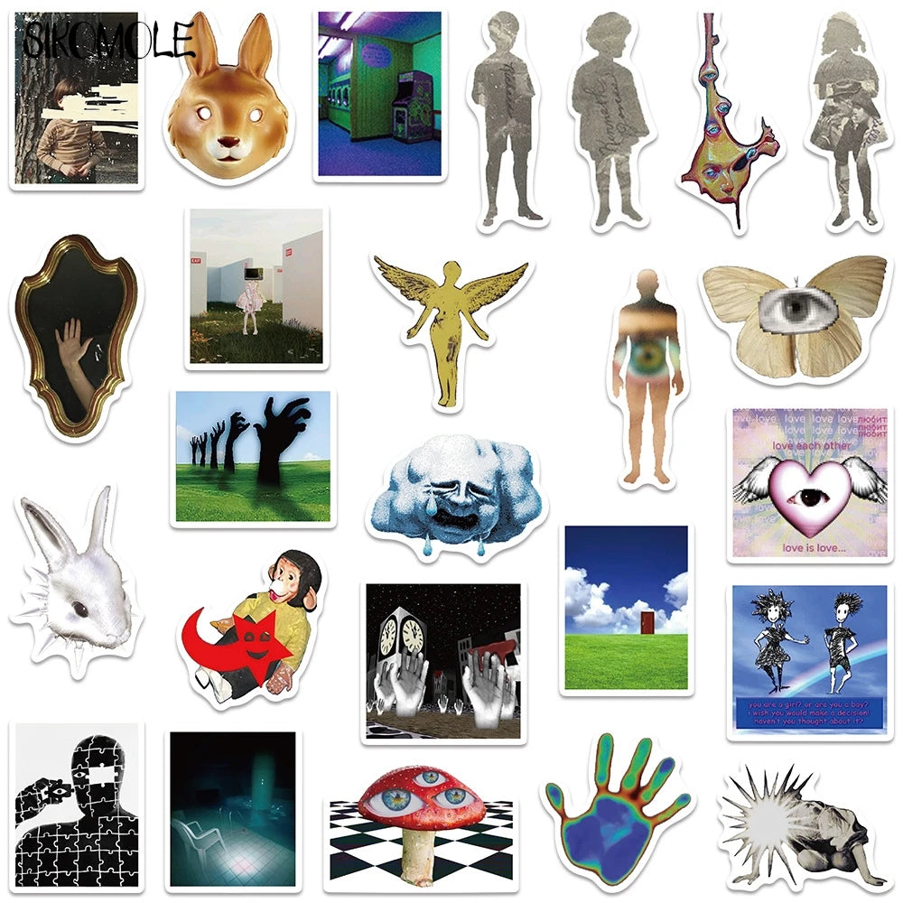 A collection of cartoon and surreal art stickers featuring various characters, objects, and abstract designs.