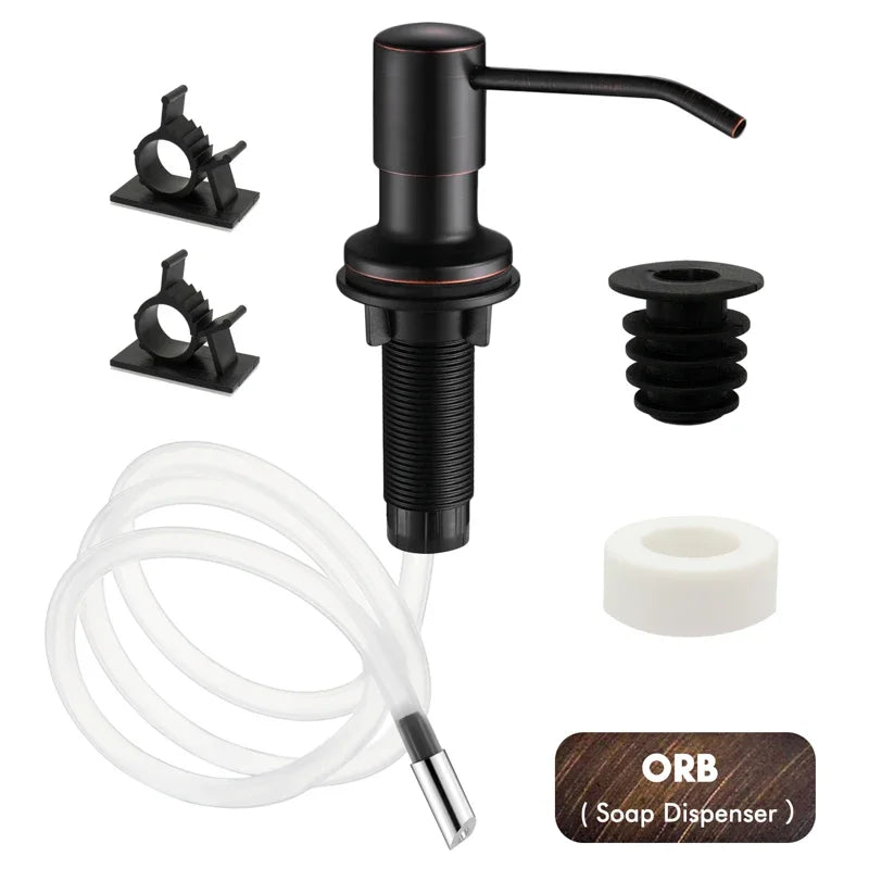 Black stainless steel liquid soap dispenser with an extension tube and foam disc
