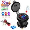 A black car charger with a voltmeter and LED display, featuring a dual USB output and a switch.