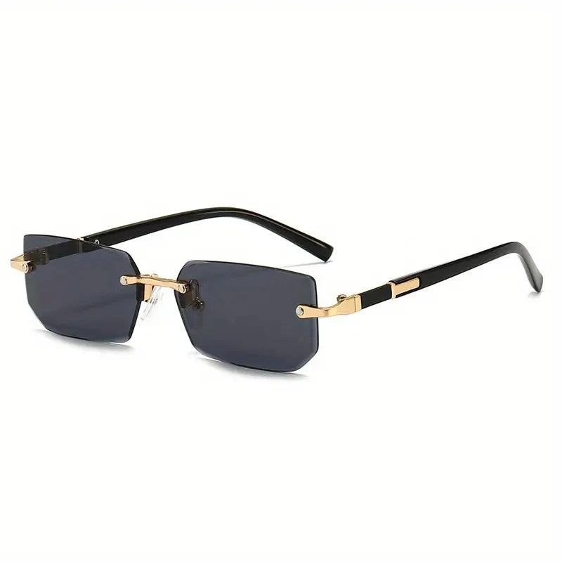 Lunettes rectangulaires sans monture avec des montures noires et des verres foncés