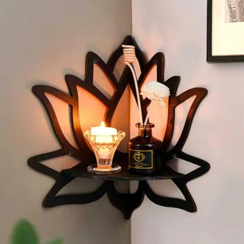 Handcrafted Lotus Wooden Wall Shelf with Cutout Design