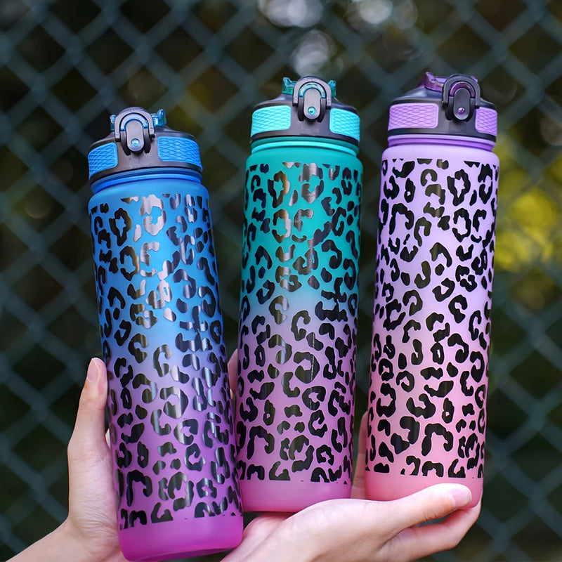 Leopard Print Sports Water Bottle with Straw