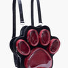 Black backpack with multiple zippered pockets and a cat paw print design