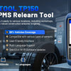 A blue XTOOL TP150 TPMS relearn tool is shown next to a tire in a workshop setting.