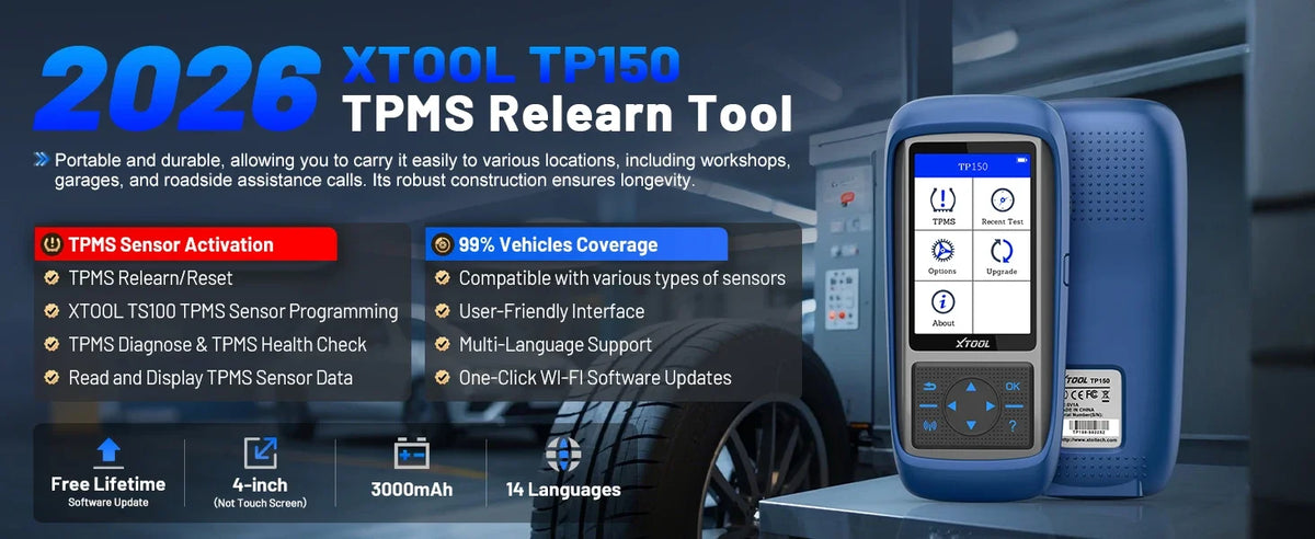 A blue XTOOL TP150 TPMS relearn tool is shown next to a tire in a workshop setting.