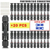 A set of 20 black photovoltaic connectors for PV cable, including various sizes and types.